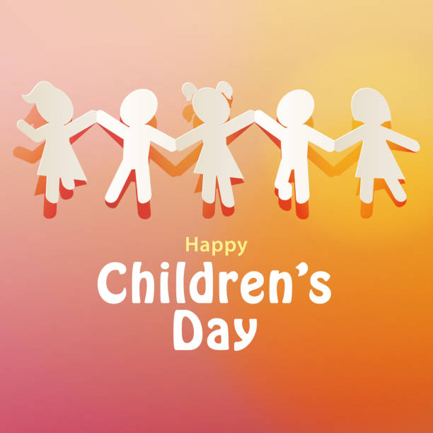 Children's Day Paper Chain Celebrate Children's Day with paper chain of kids holding hand, jumping and running on the orange background kids holding hands stock illustrations