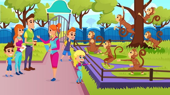 School Kids and Happy Family Excursion with Guide, Summer Vacation Activity, Leisure, Children Fooling with Funny Apes in Animal Park, Teasing Monkeys Playing in Zoo, Cartoon Flat Vector Illustration