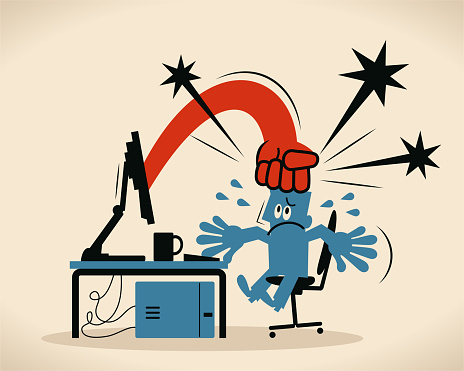 Blue Little Guy Characters Vector Art Illustration.
Blue man working on a computer, a fist comes out of the monitor and hits his head.
