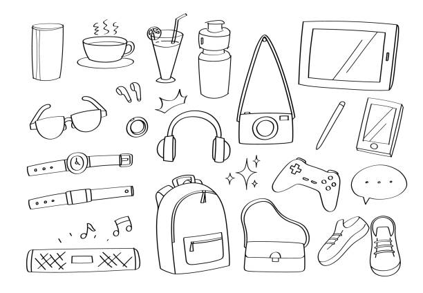 ilustraciones, imágenes clip art, dibujos animados e iconos de stock de lindo doodle gadgets de estilo de vida accesorios iconos de dibujos animados moda y objetos. - hot drink audio