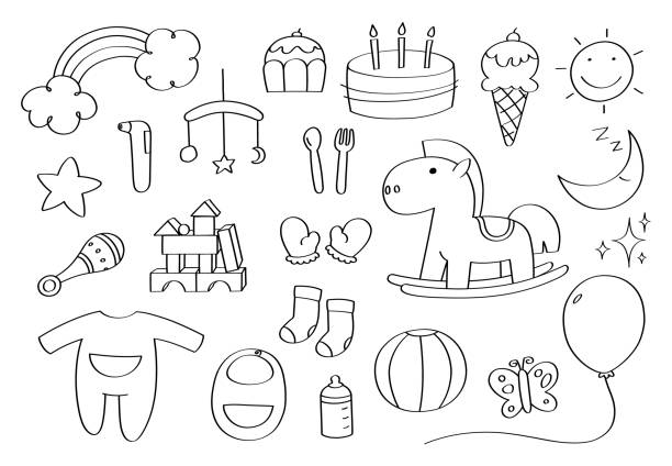 Cute Doodle Baby Accessories Cartoon Icons And Objects Stock Illustration -  Download Image Now - iStock