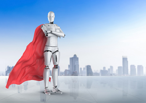 3d rendering superhero cyborg or heroine robot with red cloak