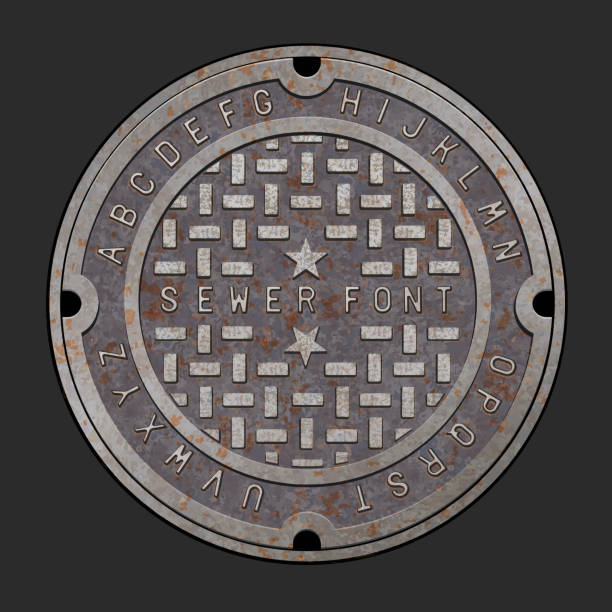 Old rusty iron alphabet font on realistic manhole cover Old rusty iron alphabet font on realistic manhole cover.  Easy to edit vector design with layers.  Sewer cover template for use in your unique design. manhole stock illustrations