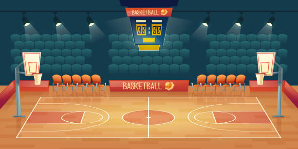 Vector cartoon background of empty basketball court Vector cartoon background of empty basketball court. Interior of sports arena with spotlights, seats and place for sports game. Playground for competition, championship. Space for viewers, fan sector. scoreboard stadium sport seat stock illustrations