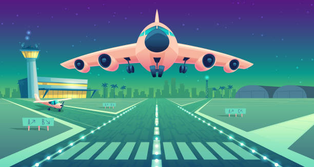 ilustraciones, imágenes clip art, dibujos animados e iconos de stock de vector dibujos animados avión blanco, jet sobre pista - global business taking off commercial airplane flying