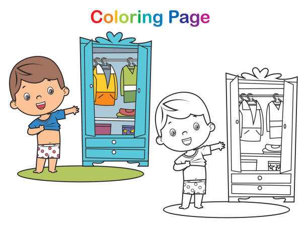 ilustraciones, imágenes clip art, dibujos animados e iconos de stock de libro para colorear, niño que lleva un vestido - vestirse