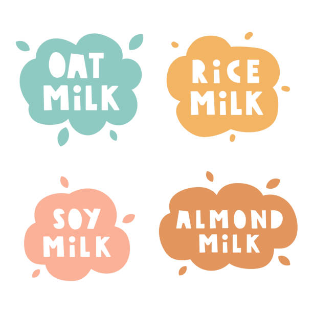 ilustraciones, imágenes clip art, dibujos animados e iconos de stock de conjunto de insignias sobre alimentos saludables: leche de avena, leche de arroz de soja, leche de almendras. - soybean merchandise soy milk milk