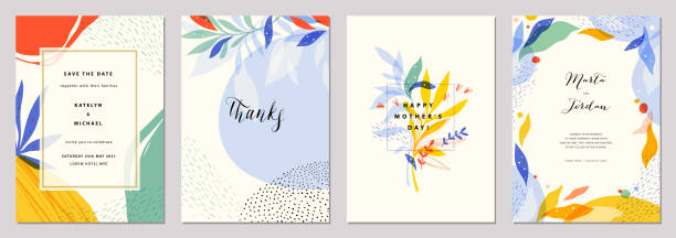 Universal Art Templates_07 Set of modern wedding templates. Good for birthday, bridal and baby shower. nature drawings stock illustrations