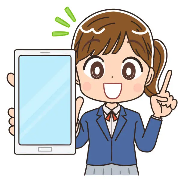 Vector illustration of A high school girl in a blazer uniform.She uses a smartphone.