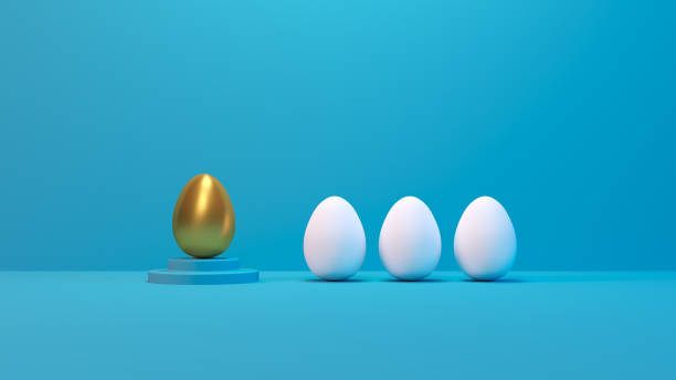 Outstanding golden egg on podium in row group white eggs. Leadership creative concept in pastel color. Business minimal design idea. 3d render. 3d illustration.