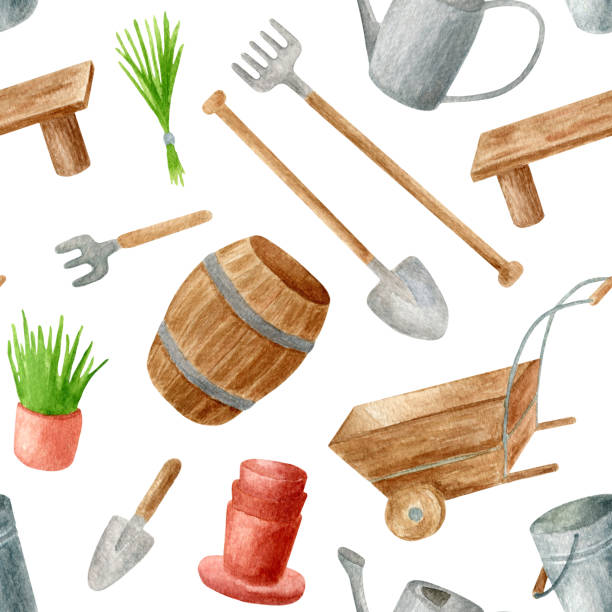 istock Watercolor gardening tools seamless pattern. Hand drawn watering can, rake, wooden cask and wheelbarrow, shovel, seedling in flower pot and bench isolated on white. Spring, summer design. 1209807925