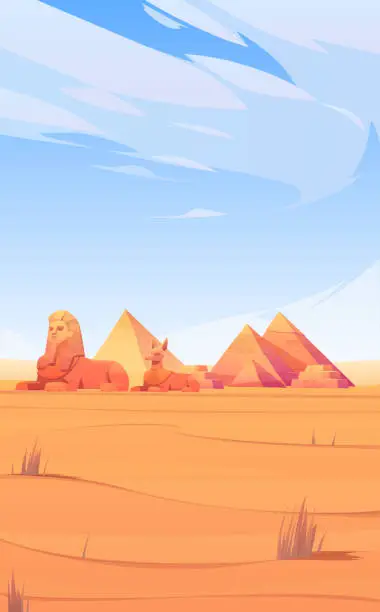 Vector illustration of Egyptian desert with pyramids, sphinx and Anubis