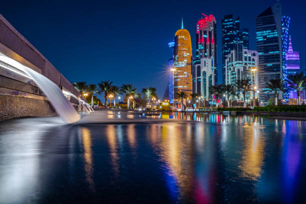 colorful skyline of doha qatar city during night. - stockyards industrial park imagens e fotografias de stock