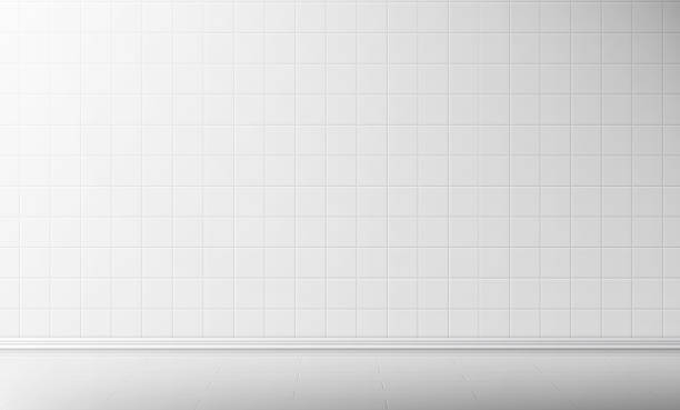 White tile wall and floor in bathroom background White tile wall and floor in bathroom vector seamless background, empty kitchen or toilet interior room with square mosaic surface, ceramic tiled grid pattern, bath decor, Realistic 3d illustration Tile stock illustrations