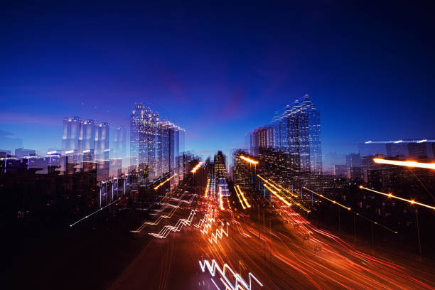 istock Atlanta skyline with traffic, abstract with in lens zoom effect 1209809227