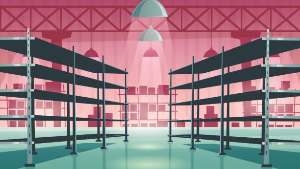 Warehouse interior with empty metal racks Warehouse interior with empty metal racks. Vector cartoon illustration of storage room interior with shelves for stock, cargo, goods. Storehouse in store, garage, market clothes hanger storage stock illustrations