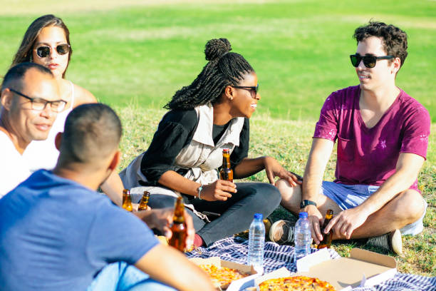 istock Smiling friends with beer bottles during picnic. 1209810364