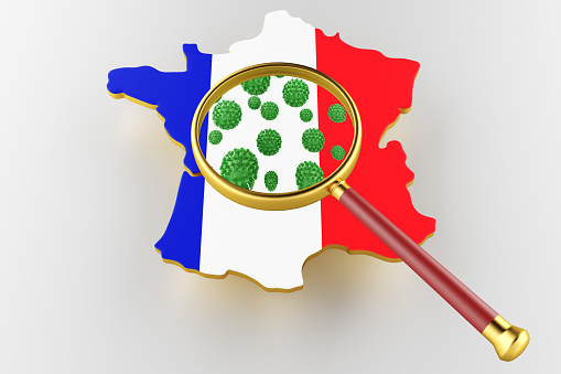 Contagious HIV AIDS, Flur or Coronavirus with France map. Coronavirus from chine. 3D rendering