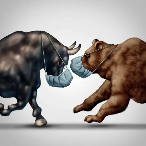 Stock market virus fear or bull and bear economic crisis and sick financial health as a business recession concept or metaphor for uncertainty in the economy investing sentiment in a 3D illustration style.