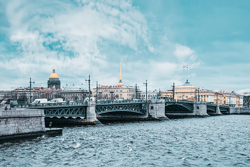Saint Petersburg, Russia - November 05, 2019: Drawbridge Palace Bridge in day time. Saint Petersburg. Russia.