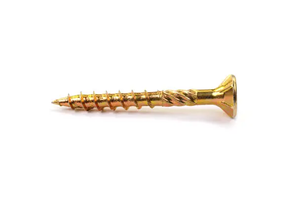 Gold torx screw isolated on white. Close-up yellow zinc chipboard screw Torx, , full thread.