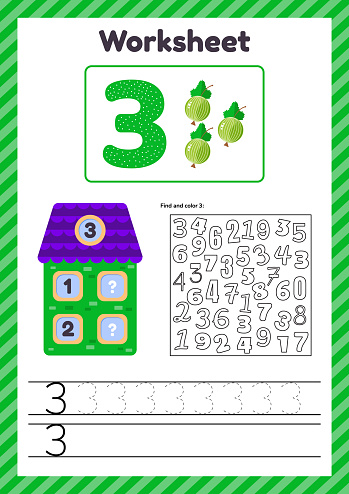 Worksheet count for kids. Berry. House. Number bonds. Trace line. The study of mathematics for children of kindergarten, preschool age. Three. 3