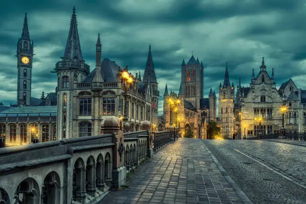 Ghent is a port city in northwest Belgium, at the confluence of the Leie and Scheldt rivers.