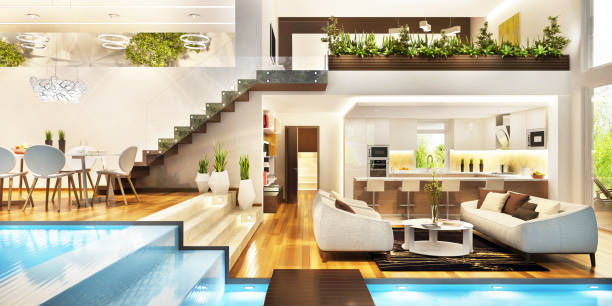 Living room with pool, large kitchen, dining room and bedroom
