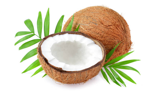 istock Coconut with green leaves isolated on white background 1209820060