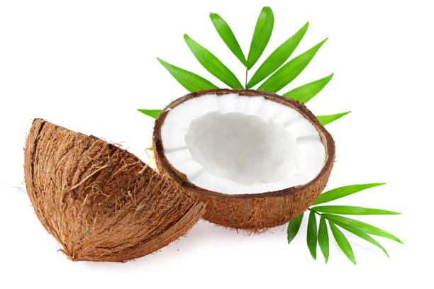 istock Coconut with green leaves isolated on white background 1209820061