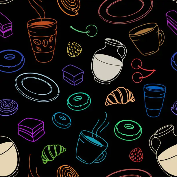 Vector illustration of Seamless set of sketches pies and desserts, symbolizing a coffee shop