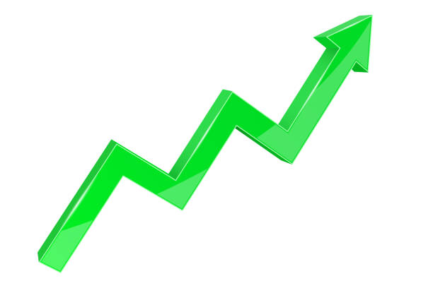ilustrações de stock, clip art, desenhos animados e ícones de financial indication arrow. up green shiny 3d graph - diagram graph three dimensional shape chart