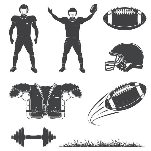 коллекция икон американского футбола. вектор. набор американского футбольного оборудования включает в себя футбольный фанер, шлем, гра, си� - silhouette running cap hat stock illustrations