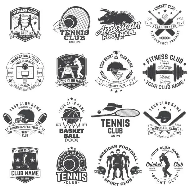 Vector illustration of Set of american football, fitness, basketball, cricket, tennis, baseball club badge. Vector for shirt, symbol, print, stamp. Vintage design with sportsman player, helmet, ball silhouette