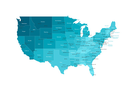 Mapa de Estados Unidos con capitales y los nombres de estado vector gratis