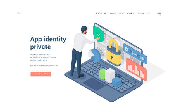 Man using private app on laptop. Isometric vector illustration Man using private app on laptop. Isometric man entering secured private app by confirming identity on advertisement banner of online protection website entering data stock illustrations