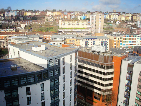 Aerial view looking down on buildings in  City Centre, Bristol, England, United Kingdom, Europe