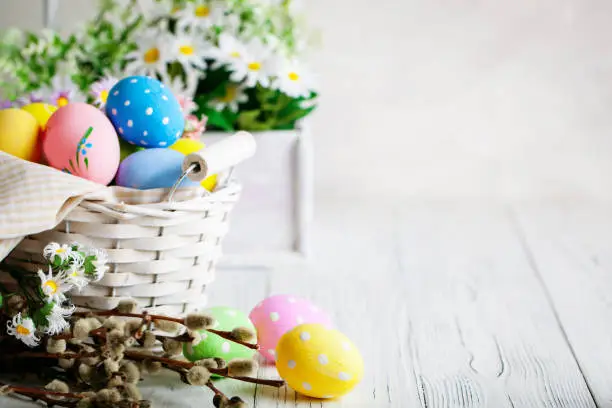 Photo of Happy Easter. Congratulatory easter background. Easter eggs and flowers. Background with copy space. Selective focus.