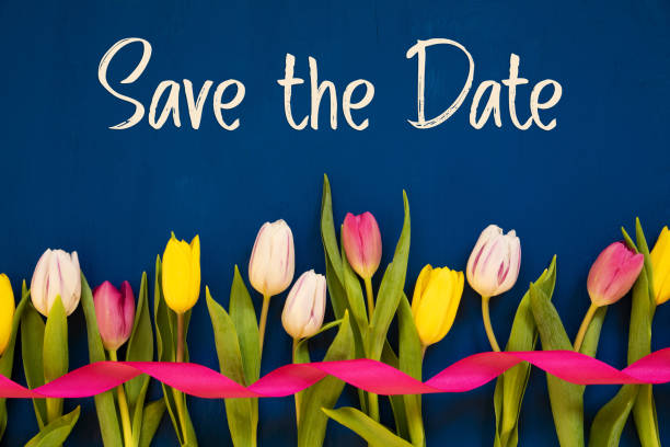 istock Colorful Tulip, Text Save The Date, Ribbon, Blue Background 1209827537