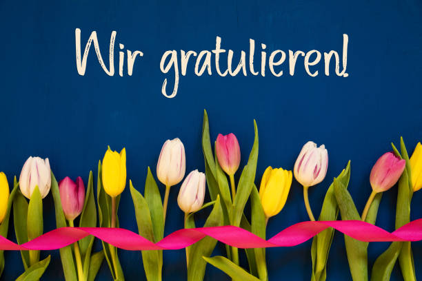 istock Colorful Tulip, Congratulations Means Congratulations, Ribbon, Blue Background 1209828213