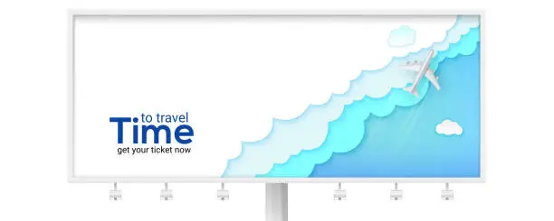 Vector illustration of Billboard with passenger plane is flying above the clouds. Advertisement of time to travel. Sky carved from paper. Airplane and background cut out of paper. Vector 3d illustration, EPS10