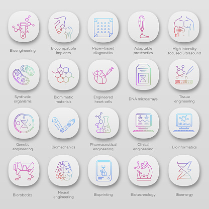 Bioengineering app icons set. Biotechnology. Diseases diagnosis and treatment, genetic engineering, ai. UI/UX user interface. Web or mobile applications. Vector isolated illustrations