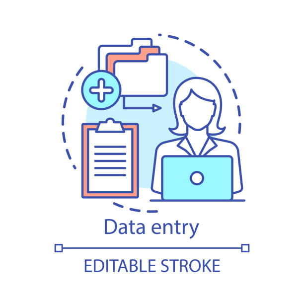 ilustrações, clipart, desenhos animados e ícones de ícone do conceito de entrada de dados. datilógrafa, transcrita, clerk idea fina ilustração linha. emprego em meio período, freelancer. secretário, assistente pessoal. desenho de contorno isolado de vetor. derrame editado - personal data assistant