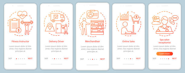 ilustraciones, imágenes clip art, dibujos animados e iconos de stock de trabajo a tiempo parcial naranja incorporación de la pantalla de la página de la aplicación móvil con conceptos lineales. instructor de fitness, recepcionista tutorial pasos instrucciones gráficas. ux, ui, plantilla vectorial gui con ilustraciones - marketing social media facebook youtube