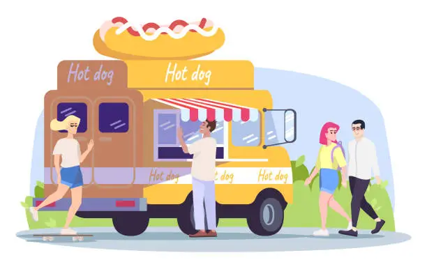 Vector illustration of Hot dog truck flat vector illustration. Summer outdoor rest in town. City picnic. Street food vehicle, buyer, walking couple, girl on skateboard isolated cartoon characters on white background