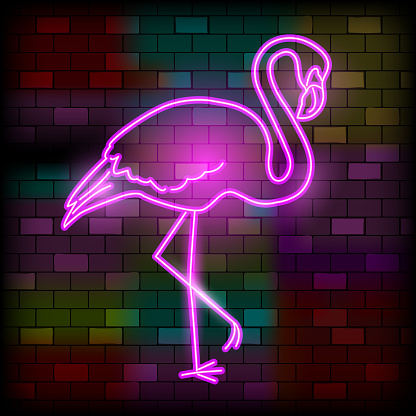 Vip Neon Icons. Night Bright Signboard, Glowing Light Banner. Pink Flamingo on The Dark Brick Wall Background. Neon Lighting Icon. Club or Bar Concept on Dark Background. Flat Vector Illustration.