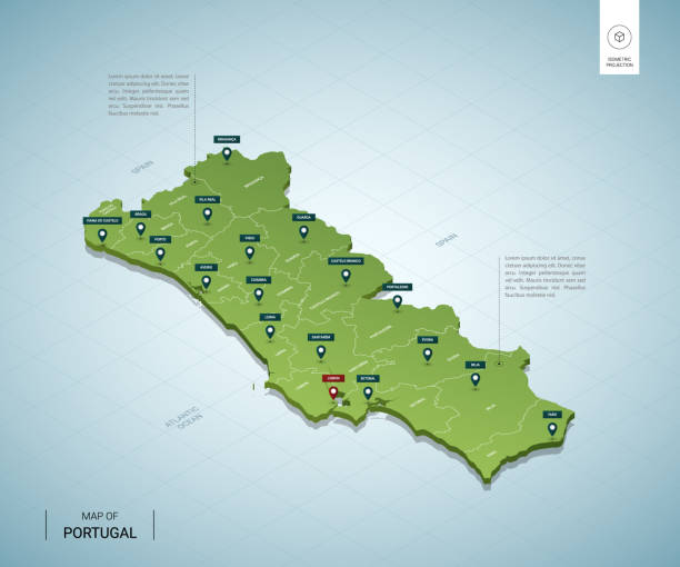 포르투갈의 양식에 일치시키는지도. 도시, 국경, 수도 리스본, 지역과 아이소메트릭 3d 녹색지도. 벡터 그림입니다. 편집 가능한 레이어에 레이블이 명확하게 지정되어 있습니다. 영어. - portugal stock illustrations