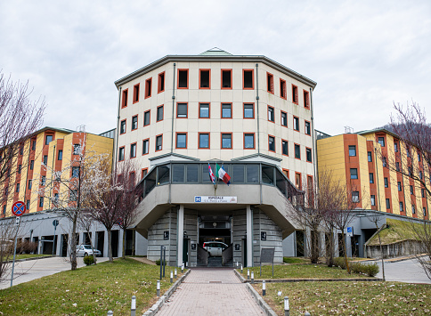 Borgosesia, Italy - February 29, 2020: The entrance of the hospital of Borgosesia, Vercelli, Piedmont, Italy. A swab test for the infection of the COVID-19 coronavirus virus has been found positive here on the 1st of March, 2020.