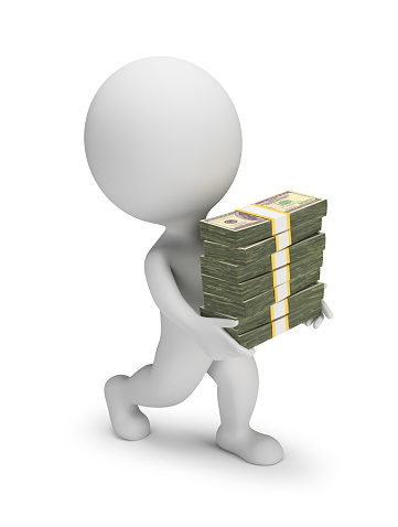 3d small person carries a stacks of dollars. 3D generated image. White background.