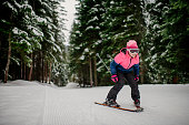 Ski and snow fun. Kids skiing. Child winter sport. stock photo